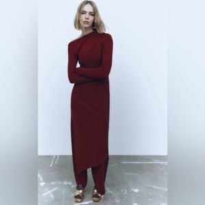 Zara Wide Leg Knit Pants Maroon Red Burgundy Small NWT